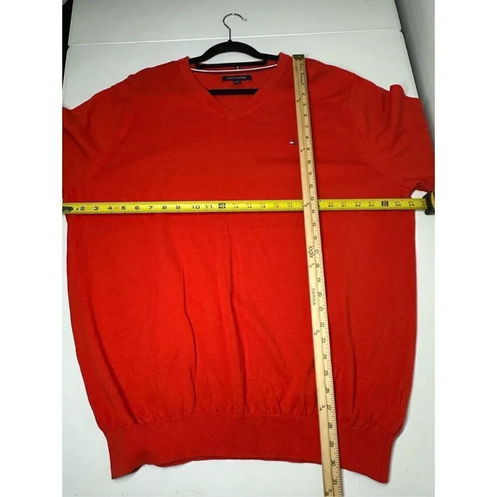 Tommy Hilfiger Sweater Mens XXL Orange Cotton V Neck Knit Long Sleeve Pullover